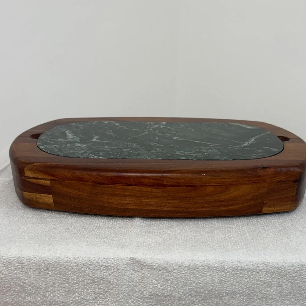 Elegant Hampton Forges Wooden Cheese Tray with Marble Inlay and Storage Drawer